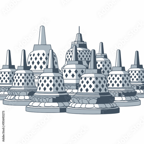 Group of Buddhist Stupas, Borobudur Temple Style, Ancient Architecture, Religious Monuments