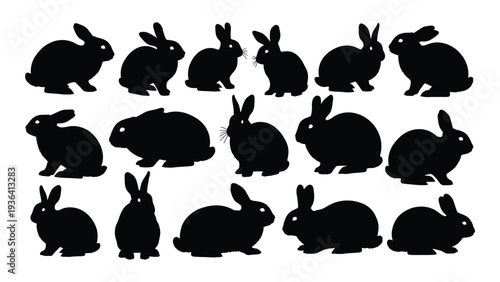 A group of black rabbit silhouettes on a white background