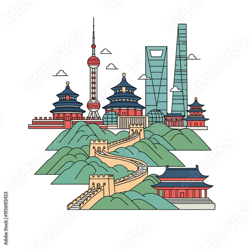 Iconic Chinese Landmarks: Great Wall, Shanghai Skyline, and Traditional Architecture
