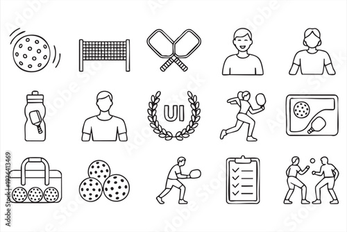 Simple pickleball sport icon pack with paddle ball player net equipment and competition symbols