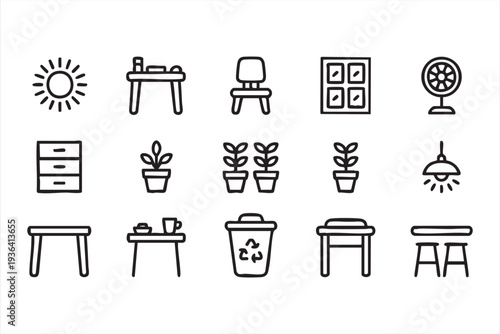Minimal house interior vector icon bundle with desk chair window plant lamp and recycle bin symbols