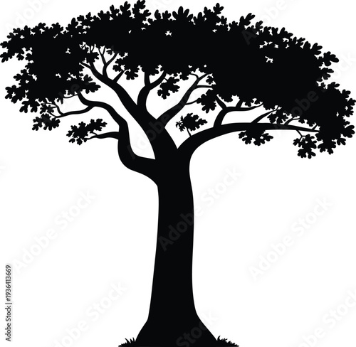 Tree silhouette illustration, natural forest artwork, black and white vector, environmental design element, nature background graphic