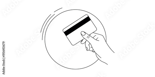 Hand holding credit card in circle motion lines black and white