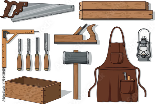 Various carpentry tools and equipment arranged neatly on a white background, showcasing different woodworking instruments and accessories.