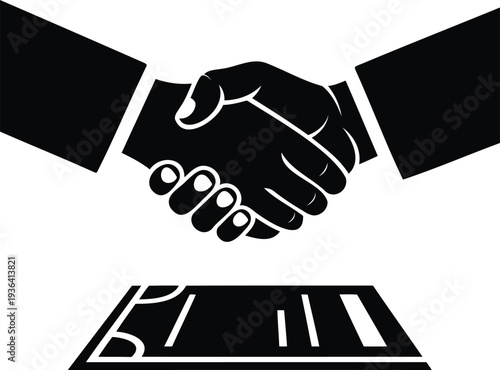 Handshake Above Contract Document Silhouette Sign Symbolizing Business Agreement, Legal Partnership, Deal Approval and Corporate Collaboration
