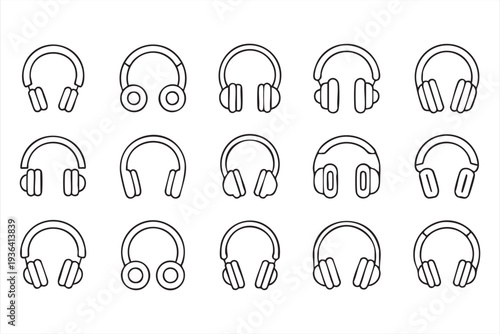 Headphones and headset vector line icon set for music streaming podcast and audio technology graphics