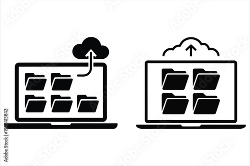 Laptop with Folder Sign and Cloud Symbol Silhouette Symbolizing Digital File Management, Organized Data Storage, Active File Control and Structured Workflow