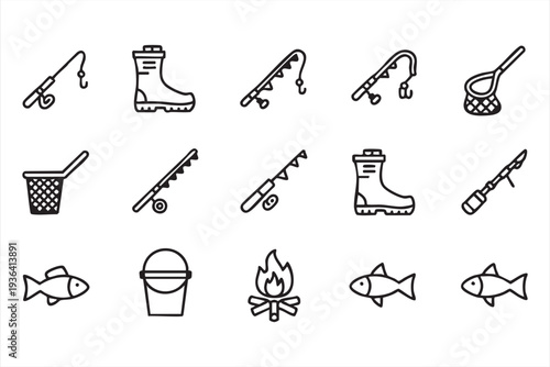 Minimal fishing and angling line icon set with rod fish hook net boots and campfire symbols