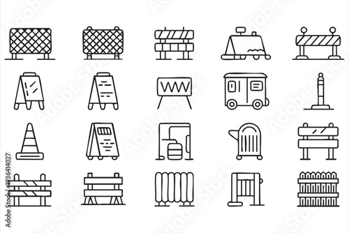 Traffic safety and construction barrier icon pack with cones fences road signs and equipment
