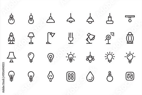 Minimal lighting line icon set with lamp lightbulb chandelier desk lamp and ceiling light symbols