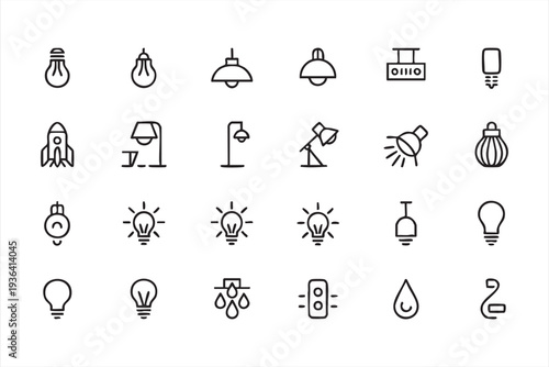 Modern home lighting outline icon collection with bulbs lamps chandeliers and illumination graphics