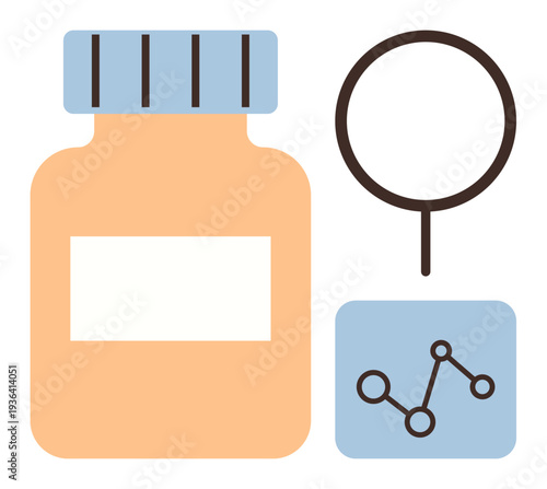 Healthcare, medicine, research, data analysis, pharmaceutical development, diagnostics. Bottle, graph and magnifying glass illustration healthcare and research concepts. Pharmaceutical development