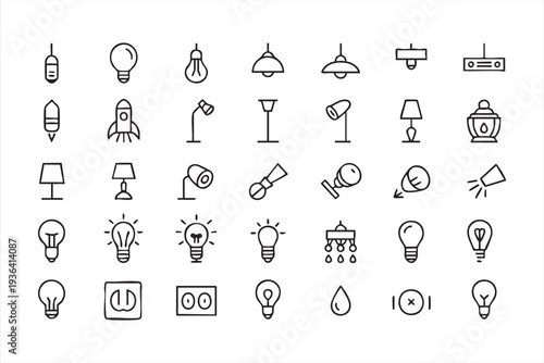 Minimal illumination outline icons with lightbulb lamp chandelier switch and lighting equipment
