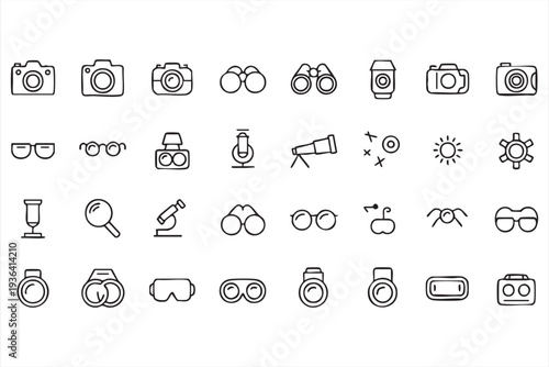 Photography and optics line icon set with camera binoculars telescope microscope and lens symbols