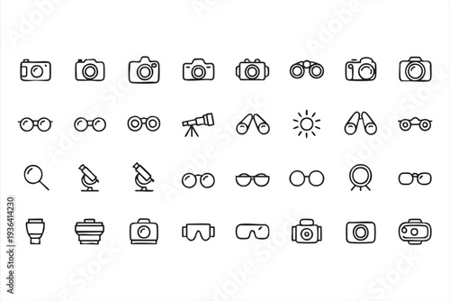 Modern photography outline icon collection with cameras binoculars magnifier glasses and optical devices