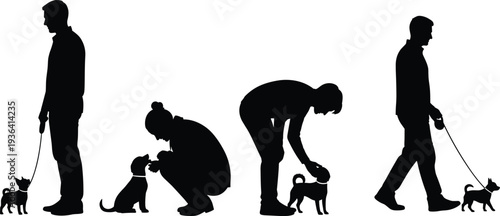 Set of black silhouettes of people walking dogs on leashes, petting puppies, and training pets isolated on white background for veterinary,