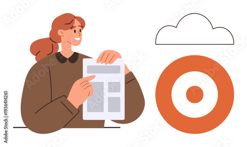 Goal setting, productivity, cloud data storage, business planning, presentation tools, strategy management. Woman holding a document near cloud and target icon. Goal setting and productivity