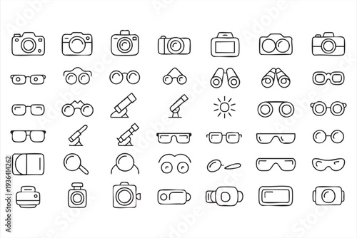 Camera and optical equipment vector line icon set for photography apps technology and science graphics