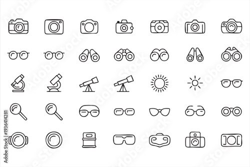 Minimal photography and optics icon pack with camera binoculars telescope microscope and lenses