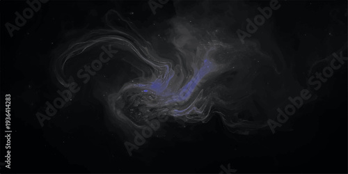 Abstract blue smoke waves and smooth swirls create a mysterious flowing motion design with light curves against a dark black background.