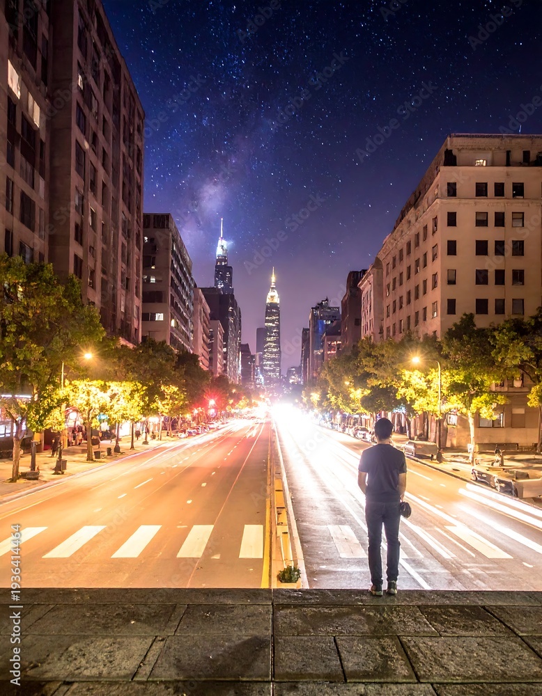 Fototapeta premium A lone figure gazing at bright city lights and starry night sky