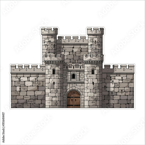 Medieval stone castle gatehouse with towers and wooden doors, fortified architecture