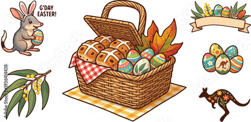 Set of Australian Easter sticker pack vector icons featuring a cute bilby, hot cross buns, kangaroo, and native wattle flora