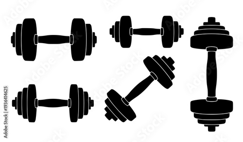 Modern dumbbells vector silhouette set for gym and workout illustrations