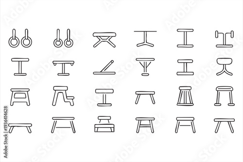 Minimal gymnastics icon pack with rings bars balance beam vault and training apparatus symbols