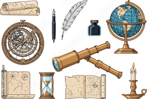 Vintage exploration tools and artifacts arranged on a plain background viewed from directly above