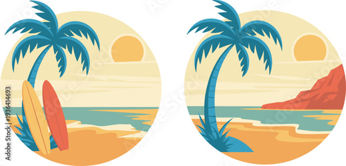 Tropical beach sunset landscape with palm trees ocean waves surfboards and island cliff flat vector illustration round badge design