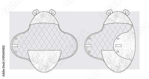 Cute and cozy envelope with teddy bear ears for newborns. Technical sketch. Vector illustration.