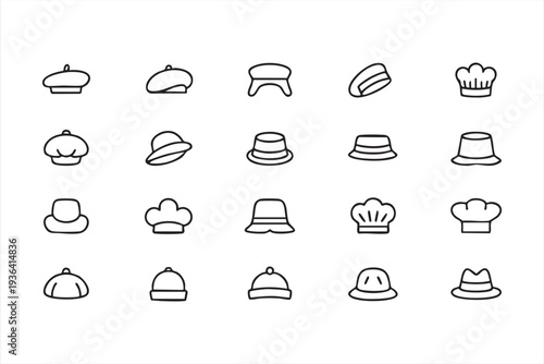 Headwear outline icons with hats caps berets chef hats and clothing accessories