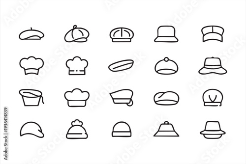 Modern headwear vector icon collection with hats caps berets and fashion accessories