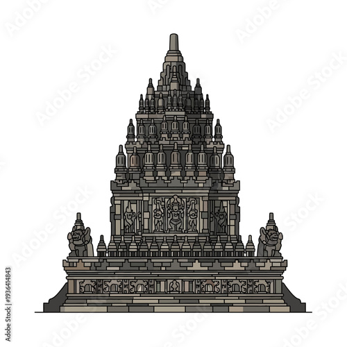 Prambanan Temple Illustration, Ancient Hindu Architecture, Indonesian Landmark