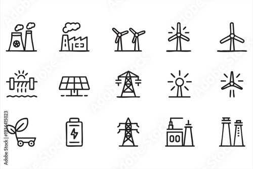 Renewable energy line icon set with wind turbines solar panels battery and power plant symbols