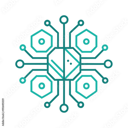 Modern digital network illustration with interconnected hexagonal nodes and central chip
