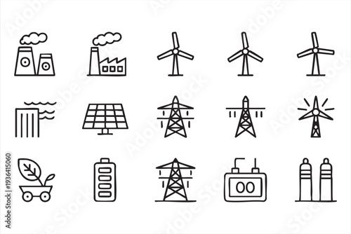 Modern renewable energy vector line icon set for sustainability technology and power infrastructure