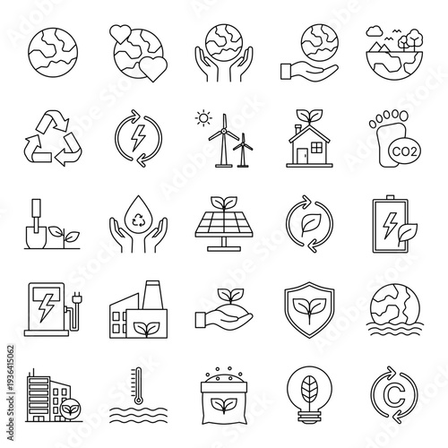 Eco Sustainability and Renewable Energy Line Icon Set with Editable Stroke