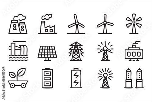 Green energy outline icon collection with wind turbine solar panel battery and electricity grid