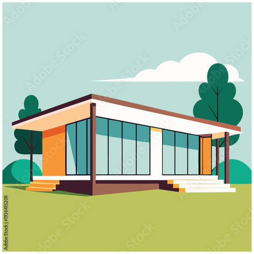 Modern mid-century home with large glass windows and minimalist design in a serene landscape