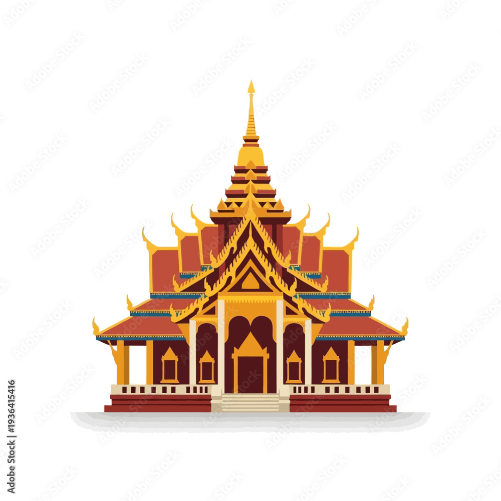 Obraz premium Traditional Asian Temple Architecture, Golden Pagoda Roof, Ornate Buddhist Structure