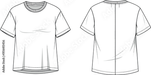 Blank white short sleeve unisex tee shirt vector flat sketch front and back view illustration for fashion design tech pack