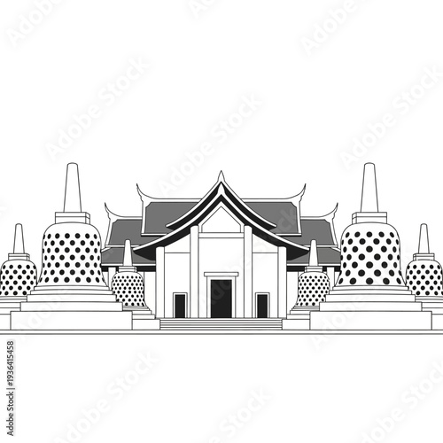 Traditional Asian Temple Complex with Stupas and Pagodas