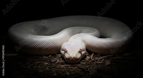 Albino snake portrait with striking white scales against a dark background