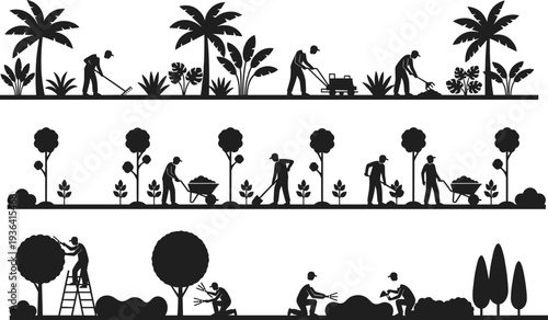 Set of black silhouettes of gardeners landscaping, raking leaves, mowing lawns, and pruning trees isolated on white background for garden service,