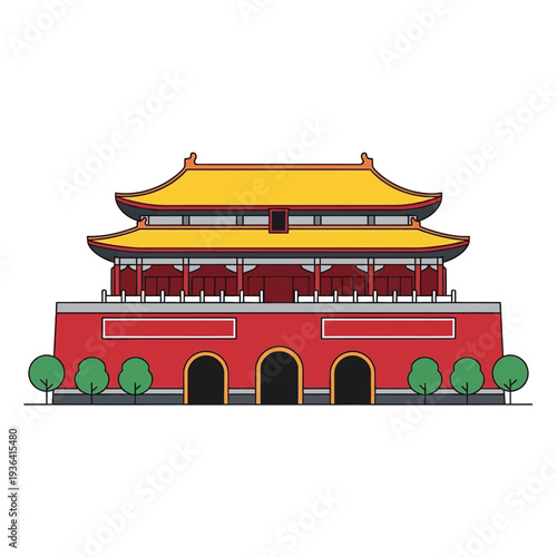 Traditional Chinese Gate with Yellow Roof and Red Walls, Architectural Landmark
