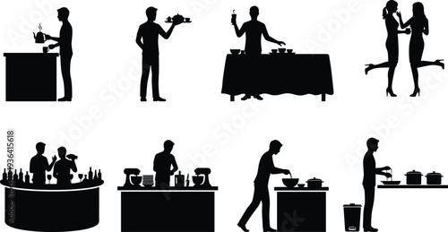 Set of black silhouettes of chefs, waiters, and bartenders working in kitchen and restaurant isolated on white background for catering,