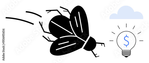 Nature, innovation, ideas, creativity, energy, problem-solving. A stylized fly alongside a lightbulb with a dollar sign and cloud. s innovation and problem-solving creativity ideas