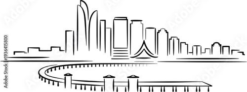 Abstract city skyline outline with promenade and curving walkway on transparent background